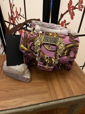 Versace Jeans Couture Pink Baroque Print Crossbody Shoulder Bag with Gold Plaque